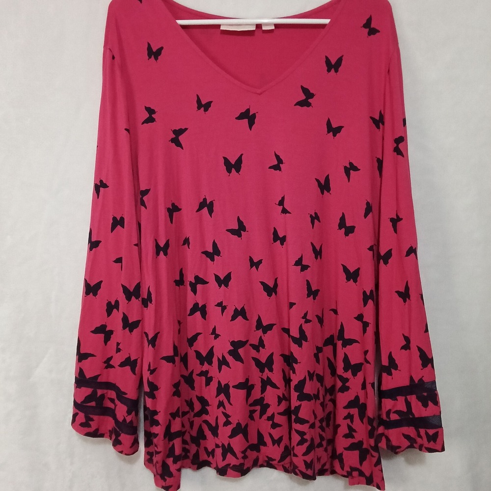 Belle by Kim Gravel Pink Butterfly Print V-Neck Top Mesh Cuff XL